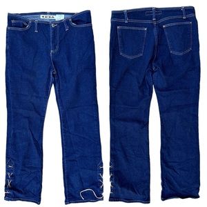 Y2K Zena Dark Wash Mid Rise Jeans Lace Up Trim Hem Size 13 Juniors 33" Waist